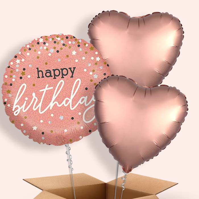 Rose Gold Happy Birthday Balloons in a Box - 3 Balloon | Small Indoor Plants