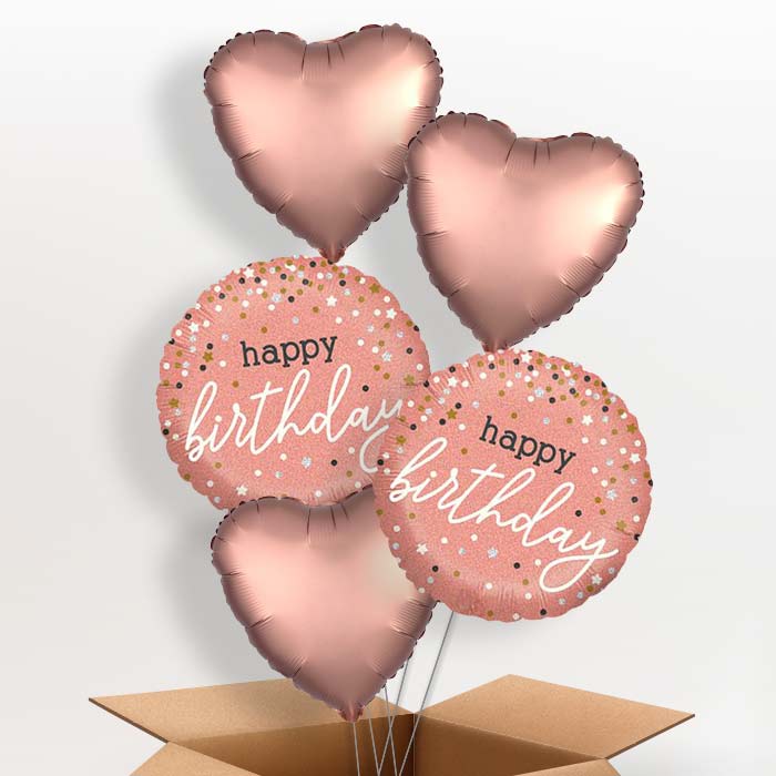 Rose Gold Happy Birthday Balloons in a Box - 5 Balloon | Small Indoor Plants