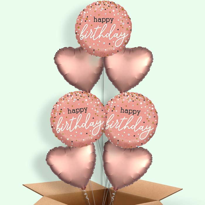 Rose Gold Happy Birthday Balloons in a Box - 7 Balloon | Small Indoor Plants