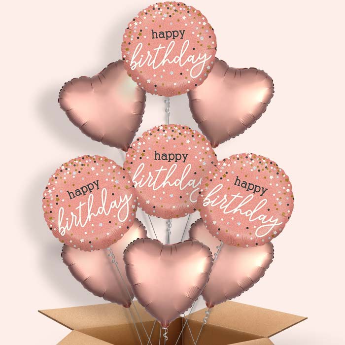 Rose Gold Happy Birthday Balloons in a Box - 9 Balloon | Small Indoor Plants