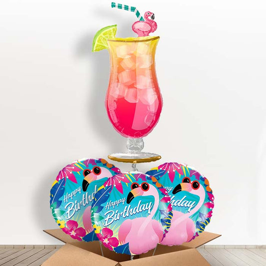 Birthday Tropical Cocktail Foil Balloon in a Box - With 3 Themed Balloons | Small Indoor Plants