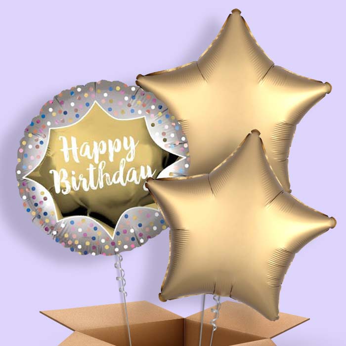 Happy Birthday Gold Balloons in a Box - 3 Balloon | Small Indoor Plants