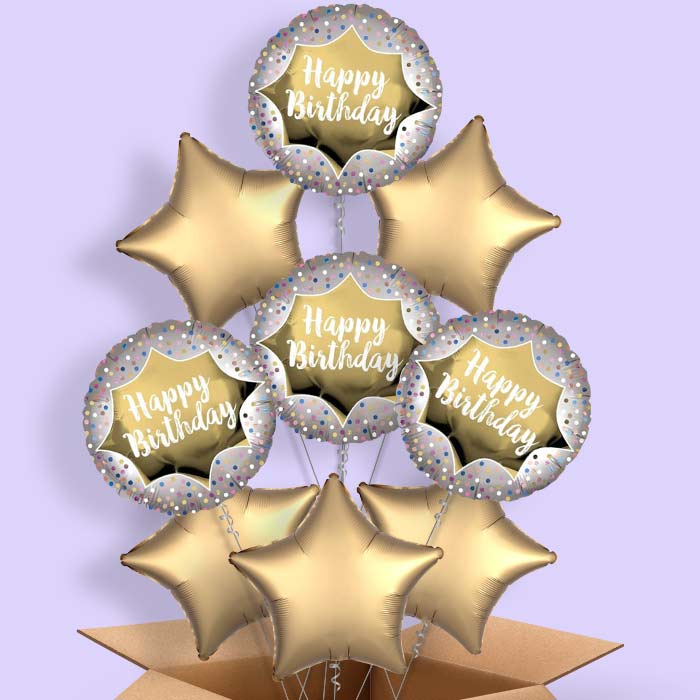 Happy Birthday Gold Balloons in a Box - 9 Balloon | Small Indoor Plants