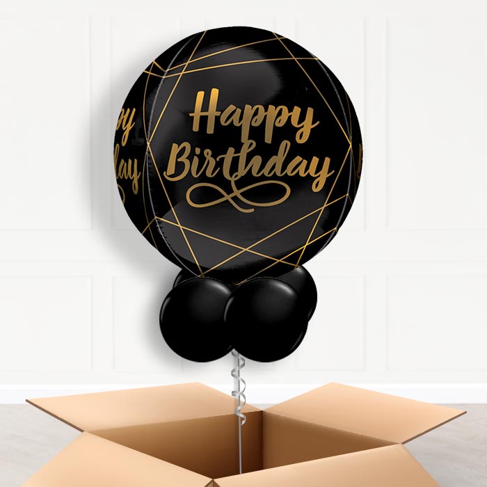 Black and Gold Happy Birthday Orbz Balloon in a Box