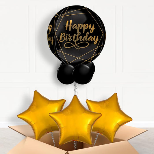 Black and Gold Happy Birthday Orbz Balloon in a Box - Orbz Balloon with 3 Balloons | Small Indoor Plants