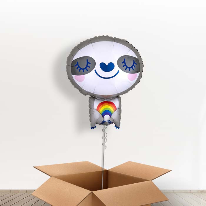 Sloth with Rainbow Foil Balloon in a Box - Giant Balloon | Small Indoor Plants