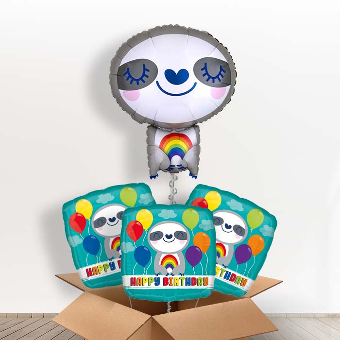 Sloth with Rainbow Foil Balloon in a Box