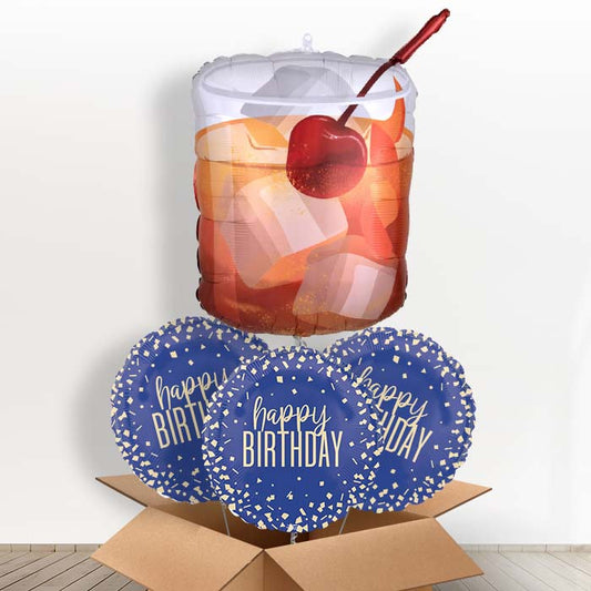 Old Fashioned Whiskey (Birthday) Foil Balloon in a Box - With 3 Themed Balloons | Small Indoor Plants