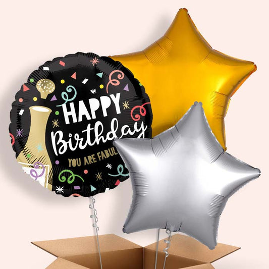 Gold Bubbly Birthday Helium Balloon in a Box - 3 Balloon | Small Indoor Plants