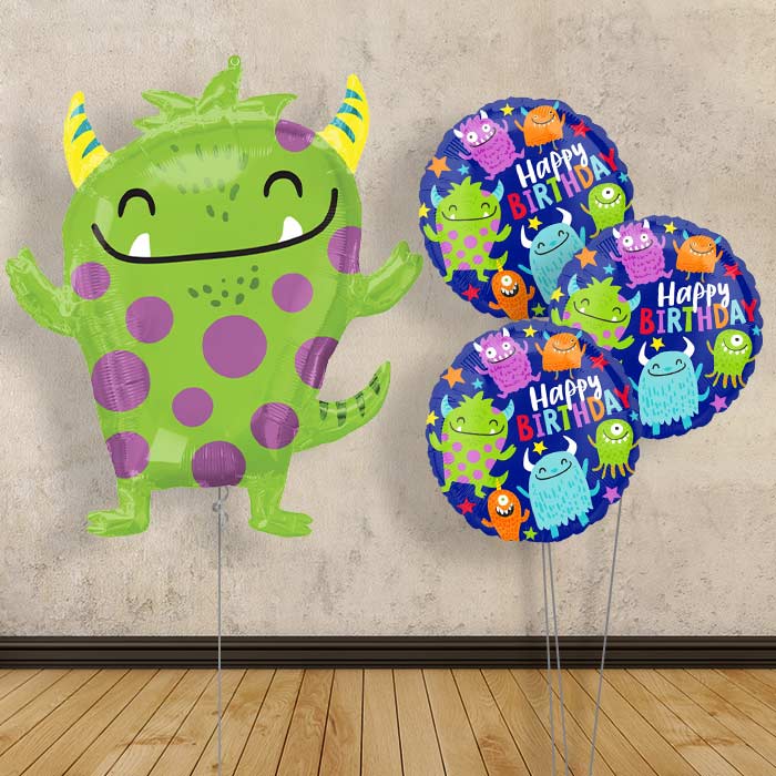 Green Monster Balloon Bouquet Delivery - Themed Bouquet | Small Indoor Plants