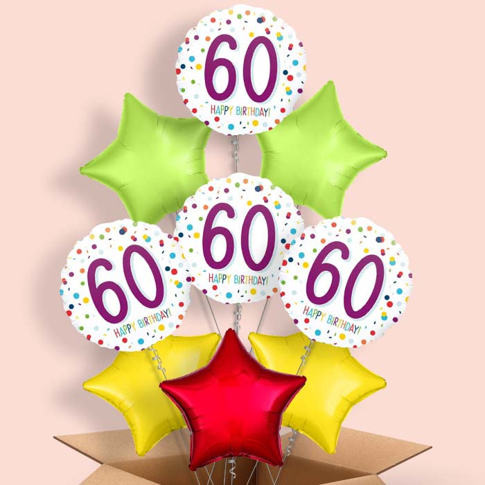 60th Birthday Balloons Delivered in a Box - Rainbow - 9 Balloon | Small Indoor Plants