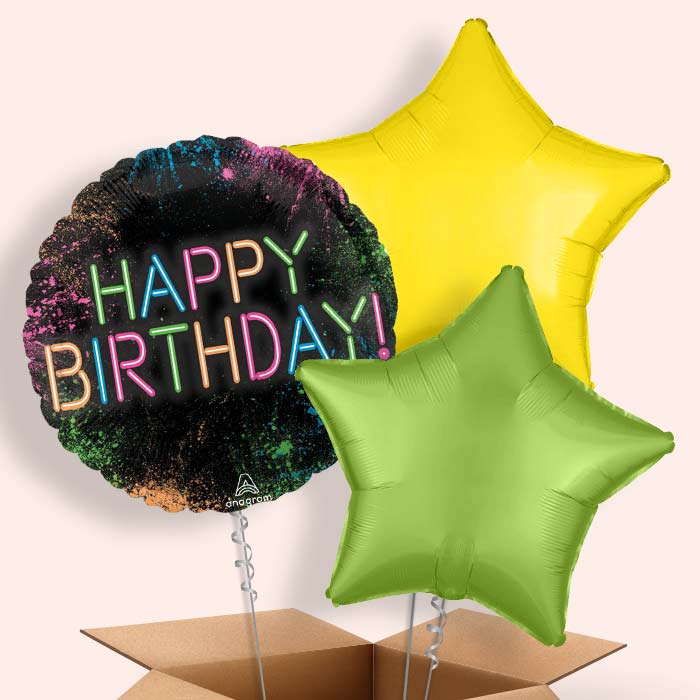 Neon Birthday Helium Balloon in a Box - 3 Balloon | Small Indoor Plants