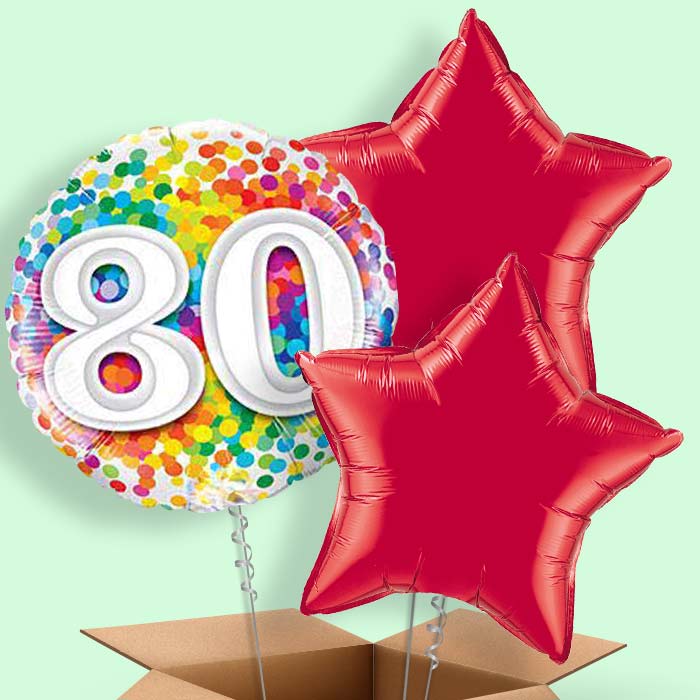 80th Birthday Balloons in a Box - Colourful Confetti - 3 Balloon | Small Indoor Plants