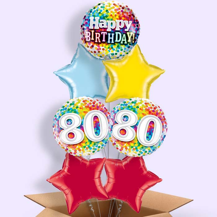 80th Birthday Balloons in a Box - Colourful Confetti - 7 Balloon | Small Indoor Plants