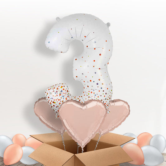Rose Gold and White Number 3 Balloon in a Box - Package | Small Indoor Plants