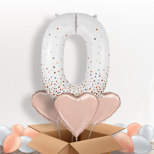 Rose Gold and White Number 0 Balloon in a Box - Package | Small Indoor Plants