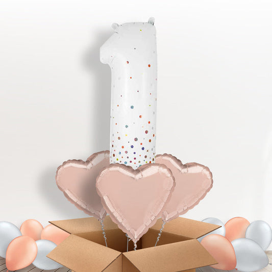 Rose Gold and White Number 1 Balloon in a Box - Package | Small Indoor Plants