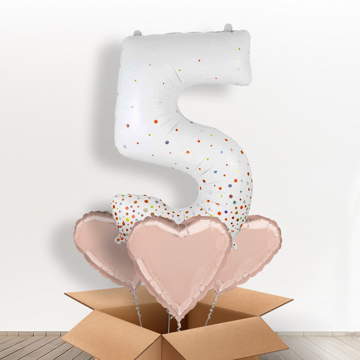Rose Gold and White Number 5 Balloon in a Box - Giant Number and 3 Balloons | Small Indoor Plants