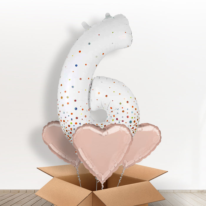 Rose Gold and White Number 6 Balloon in a Box - Giant Number and 3 Balloons | Small Indoor Plants