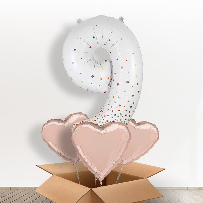 Rose Gold and White Number 9 Balloon in a Box - Giant Number and 3 Balloons | Small Indoor Plants