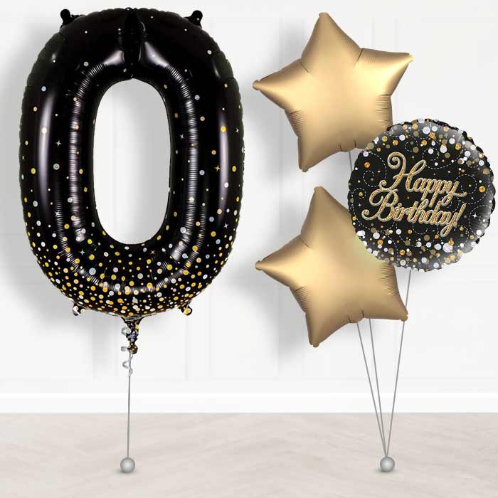 Black and Gold Number 0 Balloon in a Box - Giant Number and 3 Balloons | Small Indoor Plants