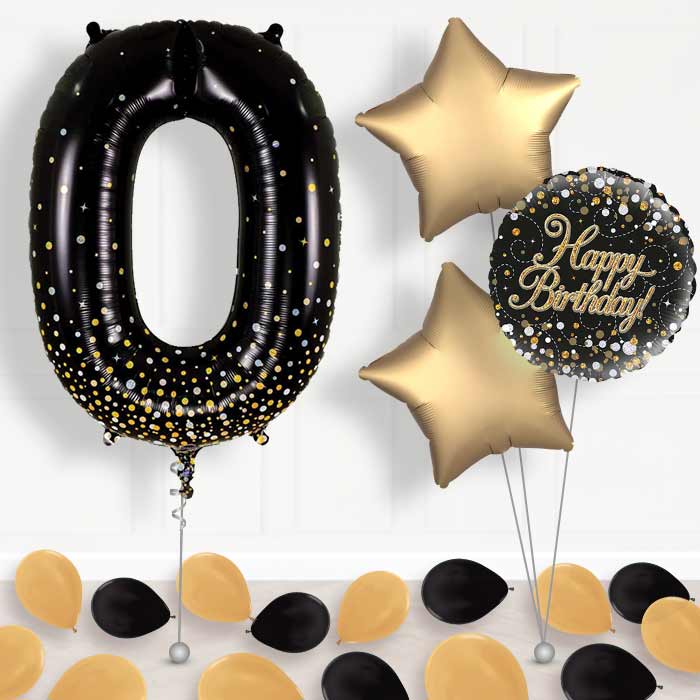 Black and Gold Number 0 Balloon in a Box - Package | Small Indoor Plants