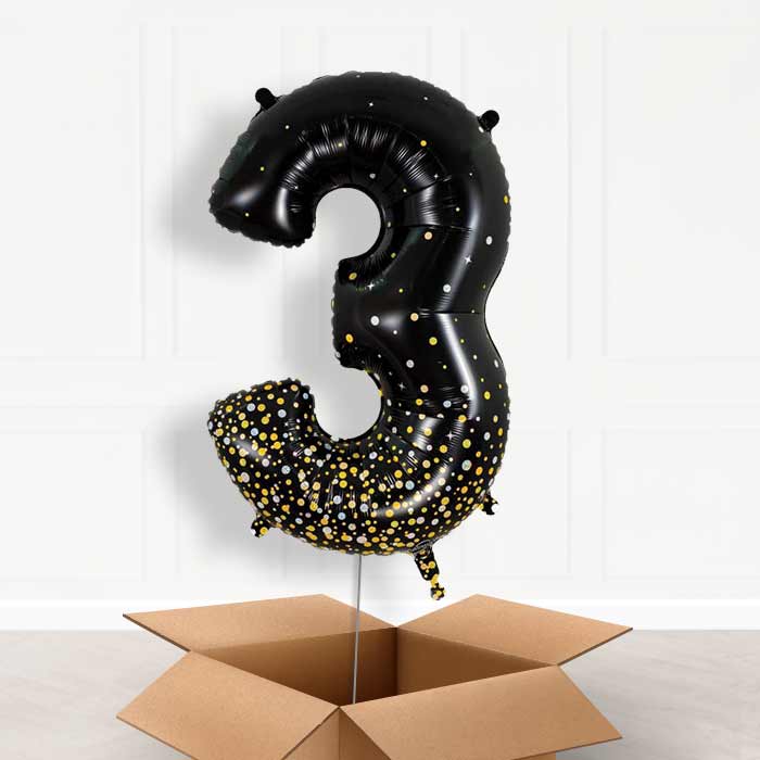 Black and Gold Number 3 Balloon in a Box - Giant Number | Small Indoor Plants