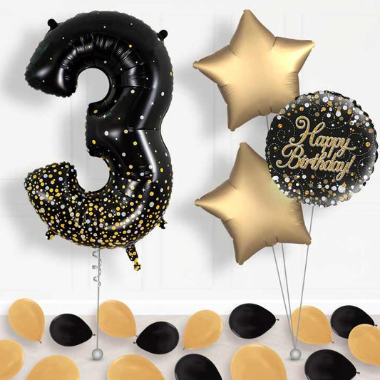 Black and Gold Number 3 Balloon in a Box - Package | Small Indoor Plants
