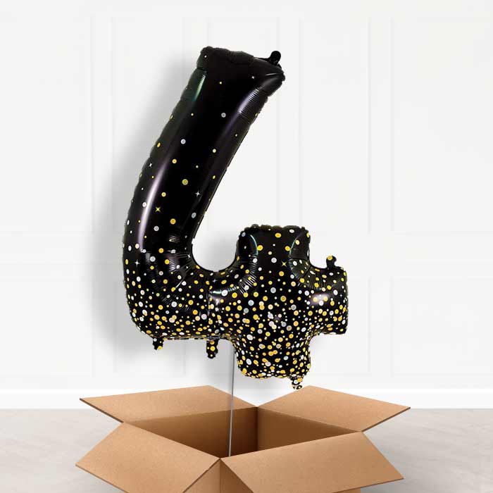 Black and Gold Number 4 Balloon in a Box - Giant Number | Small Indoor Plants