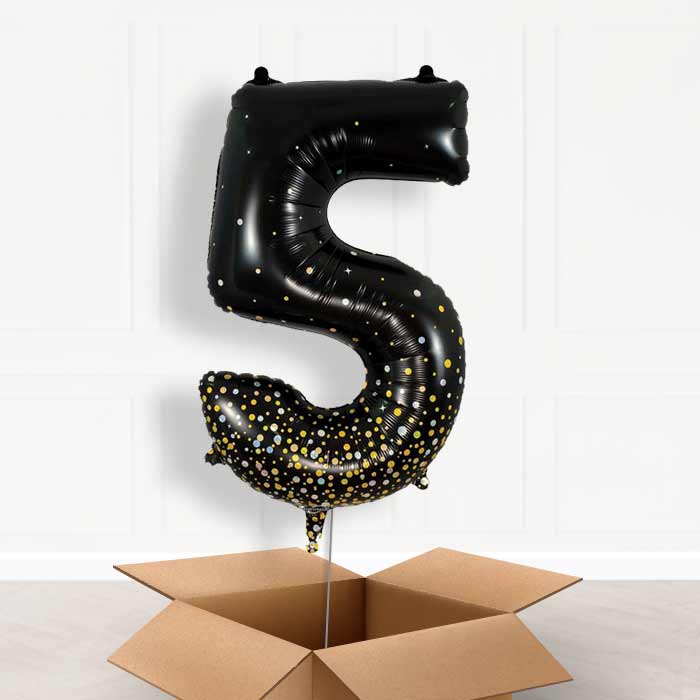 Black and Gold Number 5 Balloon in a Box - Giant Number | Small Indoor Plants