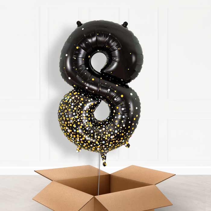 Black and Gold Number 8 Balloon in a Box - Giant Number | Small Indoor Plants
