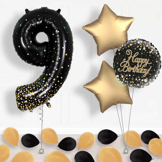 Black and Gold Number 9 Balloon in a Box - Package | Small Indoor Plants