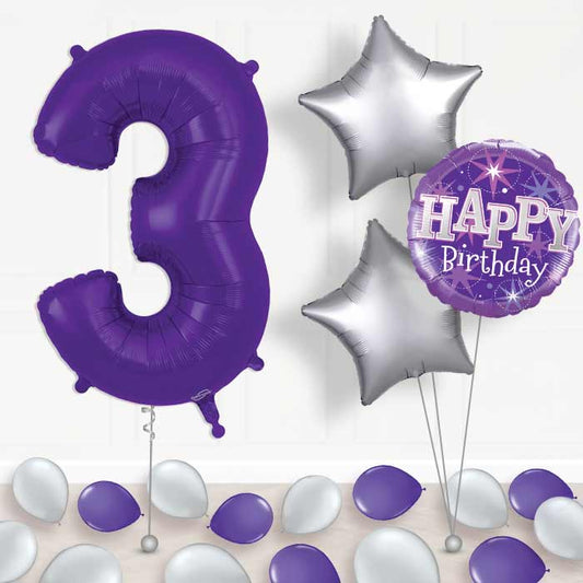 Purple Number 3 Balloon in a Box - Package | Small Indoor Plants