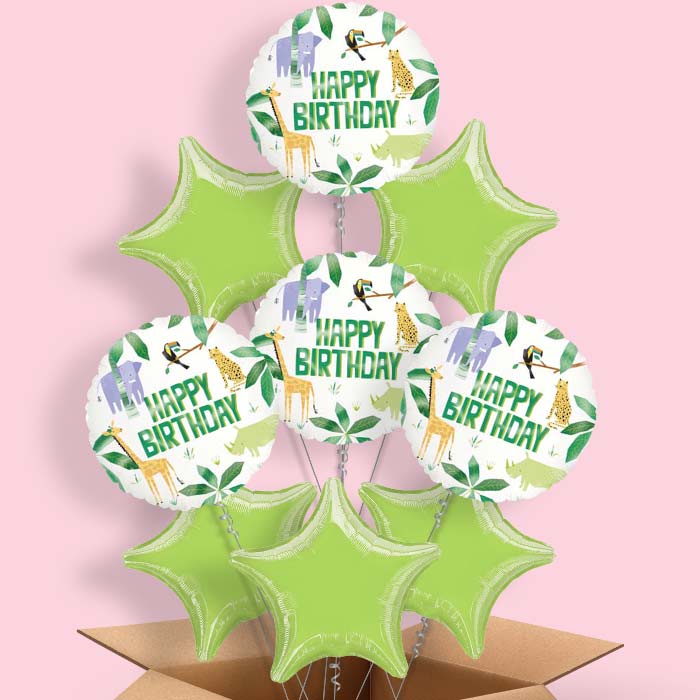 Animal Jungle Happy Birthday Balloon in a Box - 9 Balloon | Small Indoor Plants