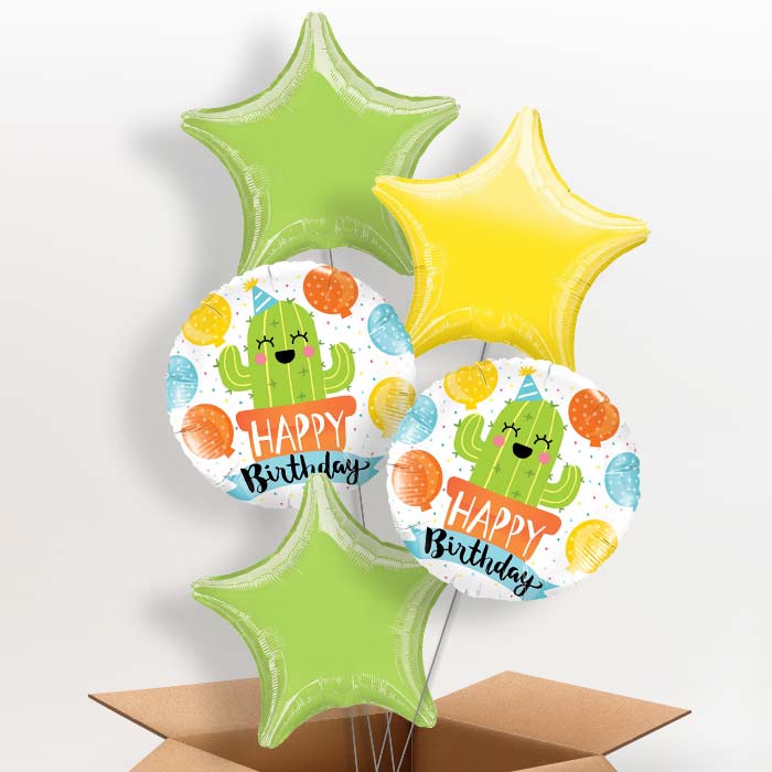 Cactus Happy Birthday (White) Balloon in a Box - 5 Balloon | Small Indoor Plants