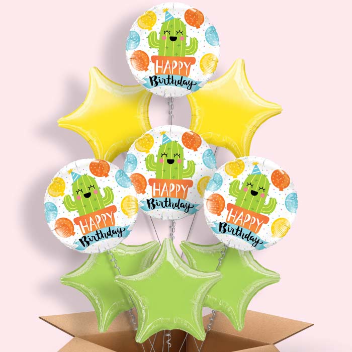 Cactus Happy Birthday (White) Balloon in a Box - 9 Balloon | Small Indoor Plants