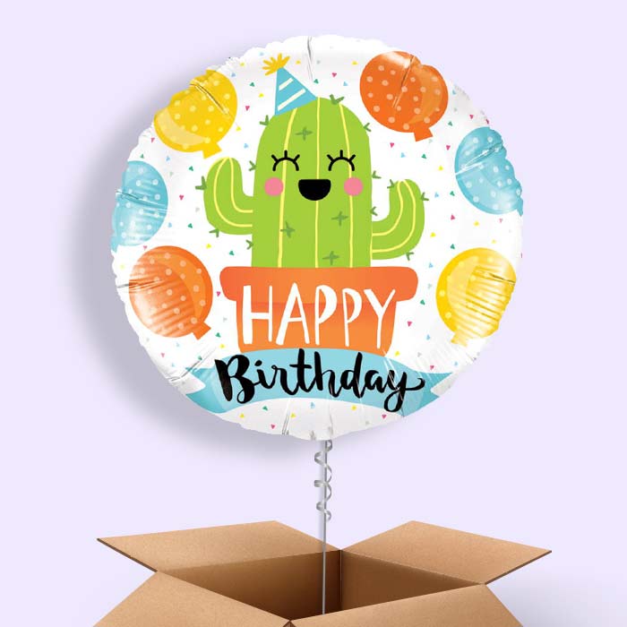 Cactus Happy Birthday (White) Balloon in a Box - 1 Balloon | Small Indoor Plants