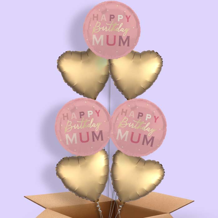 Pink and Gold Happy Birthday Mum Foil Balloon in a Box - 7 Balloon | Small Indoor Plants