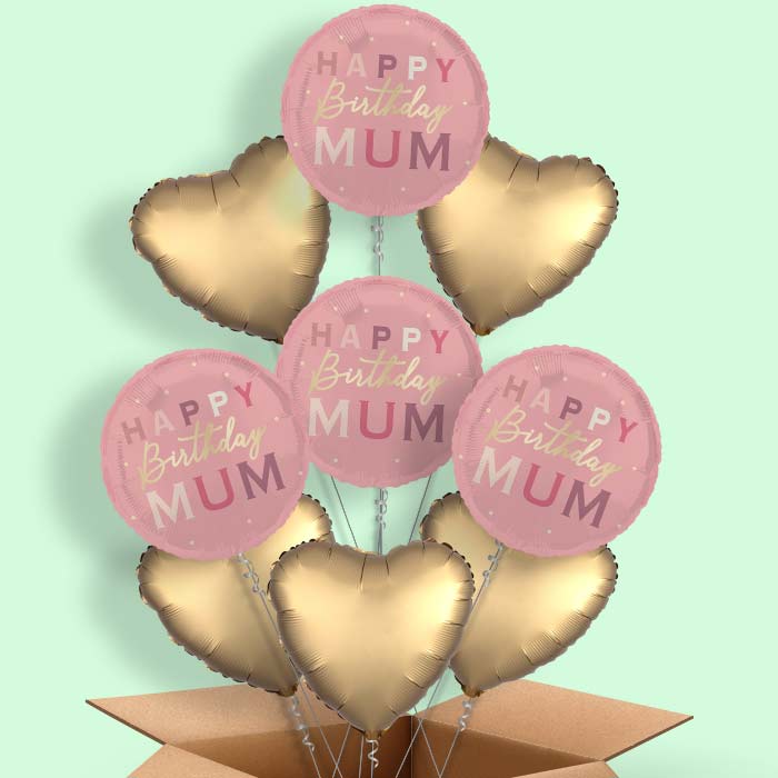 Pink and Gold Happy Birthday Mum Foil Balloon in a Box - 9 Balloon | Small Indoor Plants