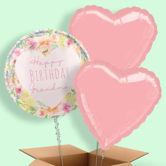 Floral Happy Birthday Grandma Foil Balloon in a Box - 3 Balloon | Small Indoor Plants