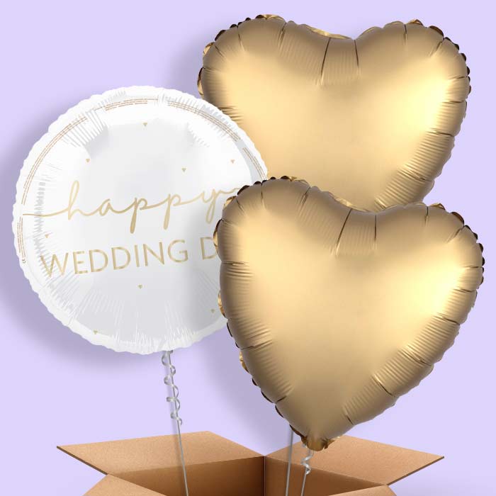 White and Gold Happy Wedding Day Foil Balloon in a Box - 3 Balloon | Small Indoor Plants