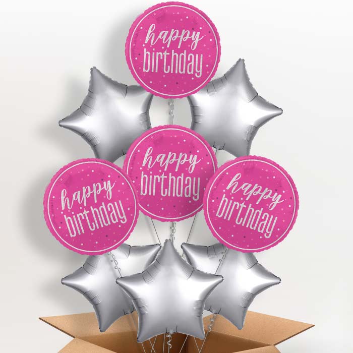 Hot Pink and Silver Happy Birthday Foil Balloon in a Box - 9 Balloon | Small Indoor Plants