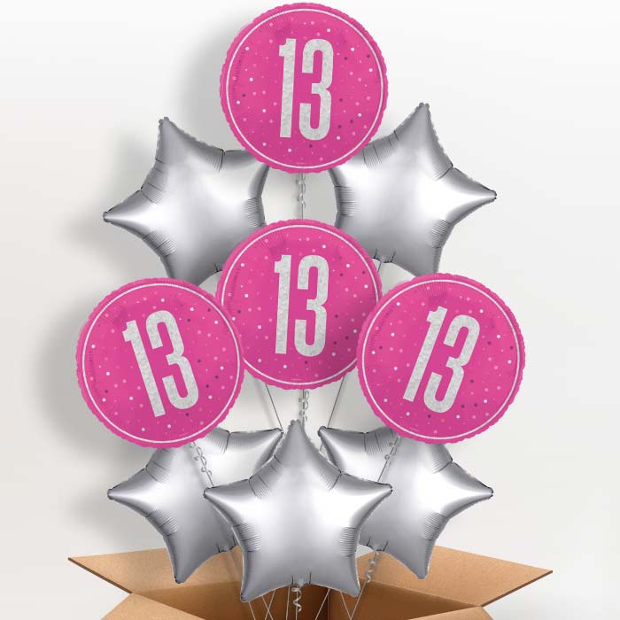 Hot Pink and Silver 13th Birthday Foil Balloon in a Box - 9 Balloon | Small Indoor Plants