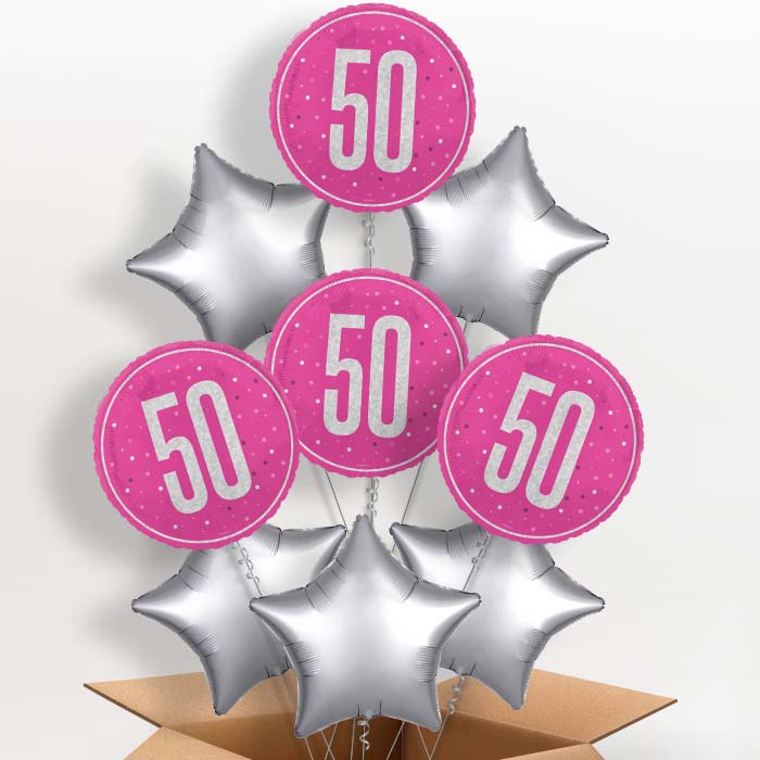 Hot Pink and Silver 50th Birthday Foil Balloon in a Box - 9 Balloon | Small Indoor Plants