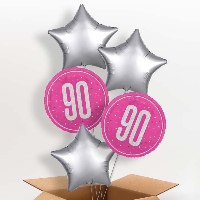 Hot Pink and Silver 90th Birthday Foil Balloon in a Box - 5 Balloon | Small Indoor Plants