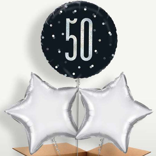 Black & Silver 50th Birthday Balloon Bunch | Small Indoor Plants
