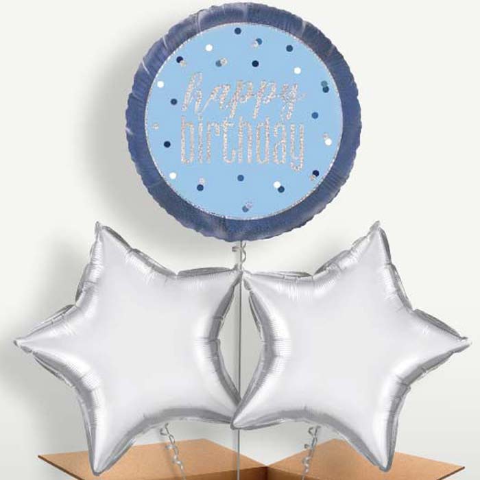 Blue & Silver Holographic Happy Birthday Bunch of Balloons | Small Indoor Plants