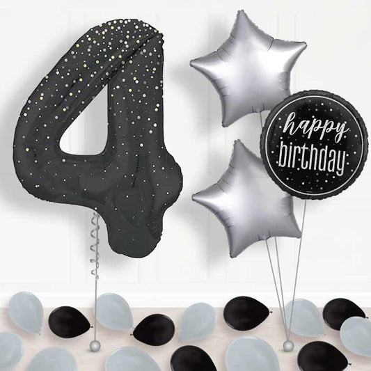 Black and Silver Dots Number 4 Balloon in a Box - Package | Small Indoor Plants