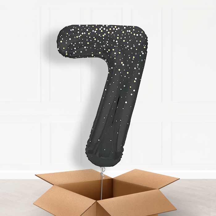 Black and Silver Dots Number 7 Balloon in a Box - Giant Number | Small Indoor Plants