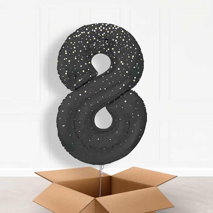 Black and Silver Dots Number 8 Balloon in a Box - Giant Number | Small Indoor Plants